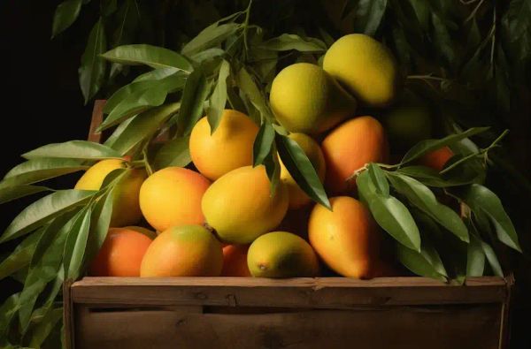 a box with mangoes