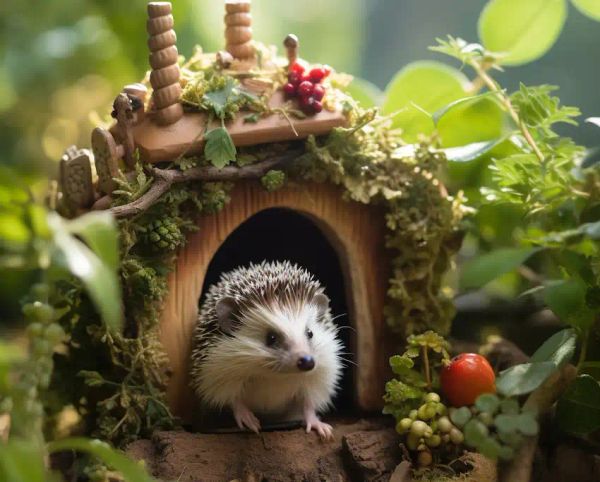 a hedgehog in front of its house