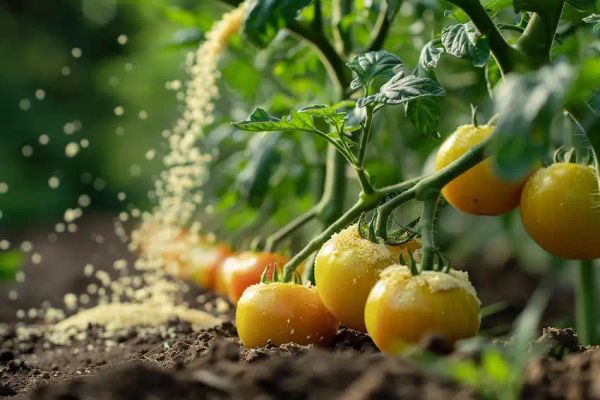 pouring cornmeal over a tomato plant 2