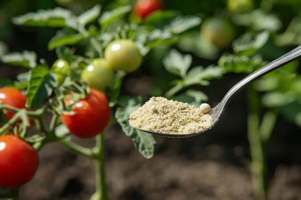 a teaspoon of dry yeast on top of a tomato plant in the garden 1