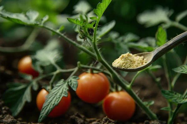 a teaspoon of dry yeast on top of a tomato plant in the garden