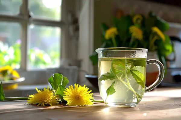 dandelion leaf tea on kitchen table