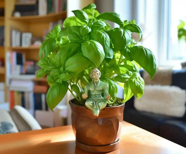 basil in a pot in the living room