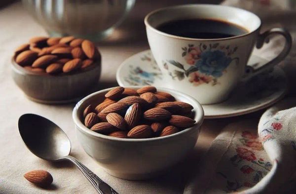 a little bowl of almond and a coffee