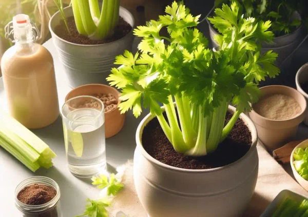 Fresh celery, containers, water, and potting mix